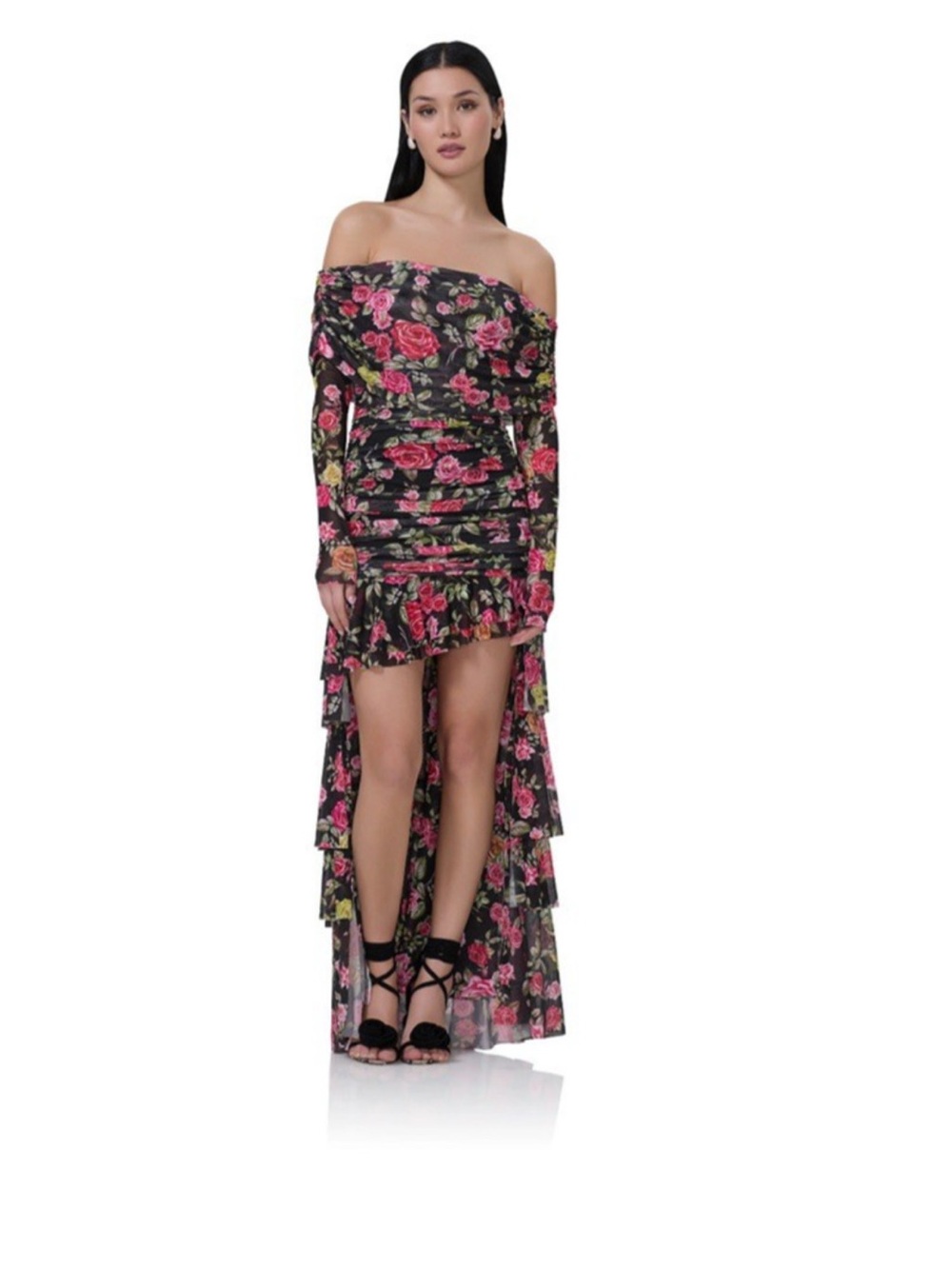 NEW AFRM Kellie Off the Shoulder Maxi Hi-Lo Ruffle Dress With Rose Detail Size S